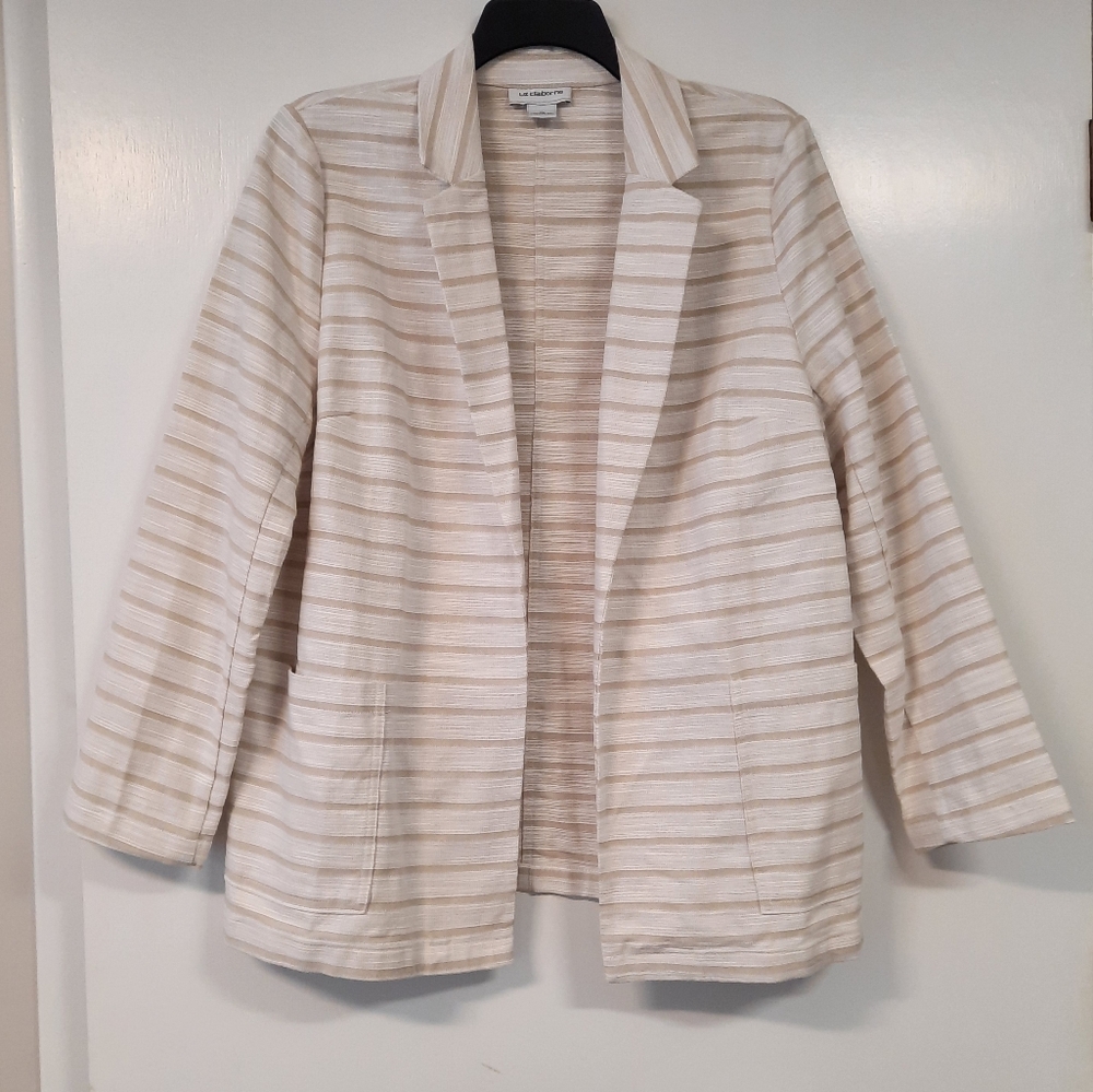 Liz Claiborne Beige White Striped Open Blazer Jacket Womens Size XL 100% Cotton